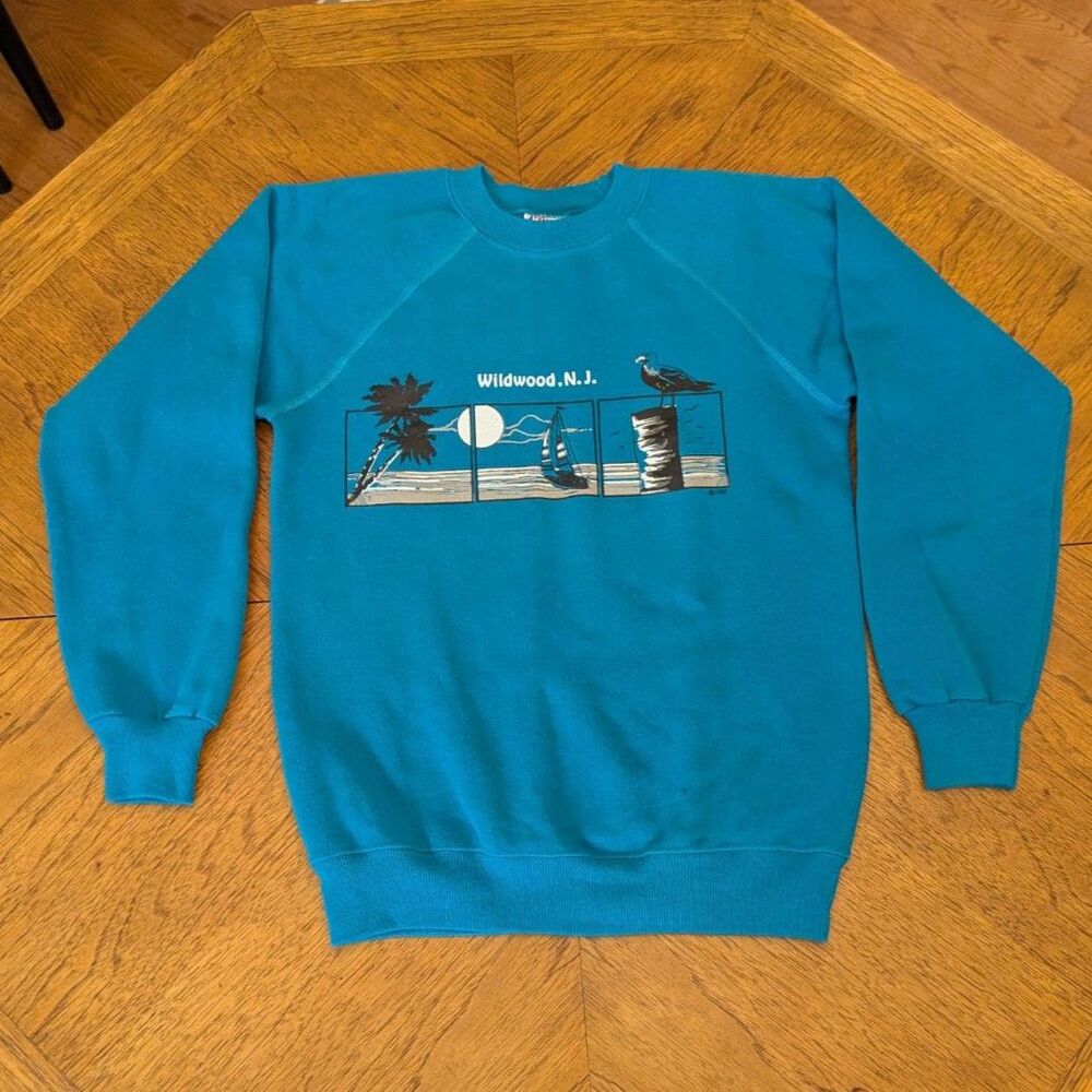 Vintage Hanes Wildwood NJ Sweatshirt Turquoise Teal Raglan Crewneck USA Small